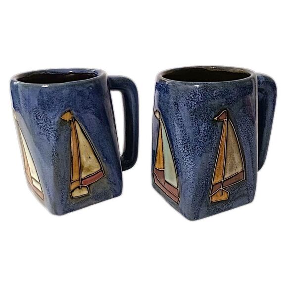 2 Mara Mexico Sailboat Mugs Cups Handmade Pottery Coastal Beach House Nautical - Picture 11 of 16